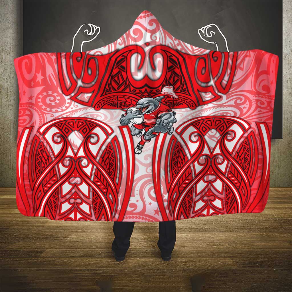 Dolphins Rugby Hooded Blanket Polynesian Tribal Dolphin Warrior Red White Pattern