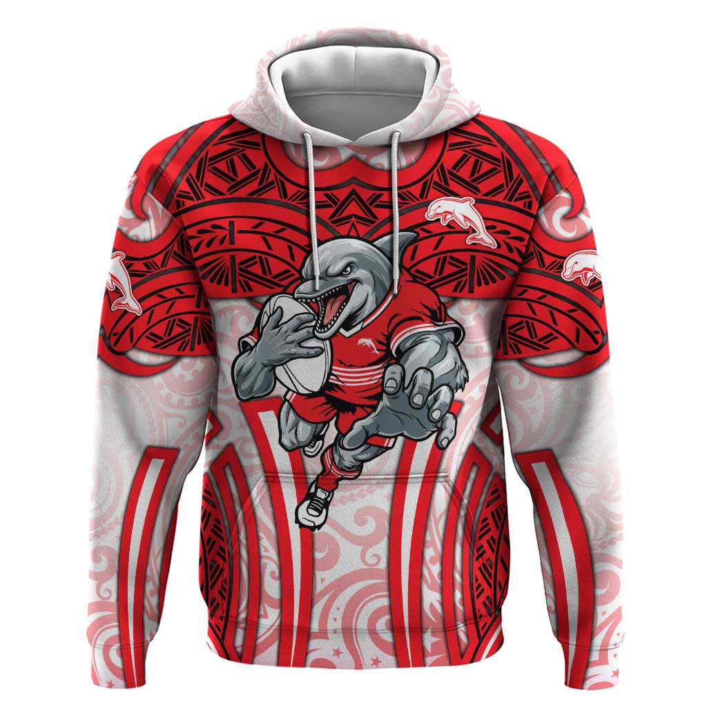 Dolphins Rugby Hoodie Polynesian Tribal Dolphin Warrior Red White Pattern