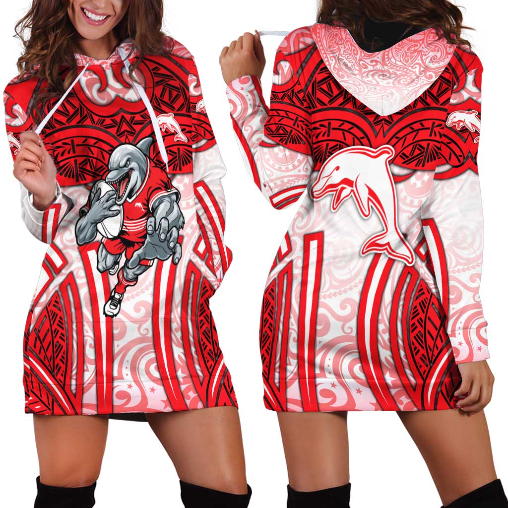 Dolphins Rugby Hoodie Dress Polynesian Tribal Dolphin Warrior Red White Pattern