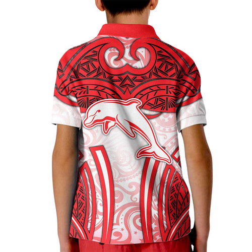 Dolphins Rugby Kid Polo Shirt Polynesian Tribal Dolphin Warrior Red White Pattern