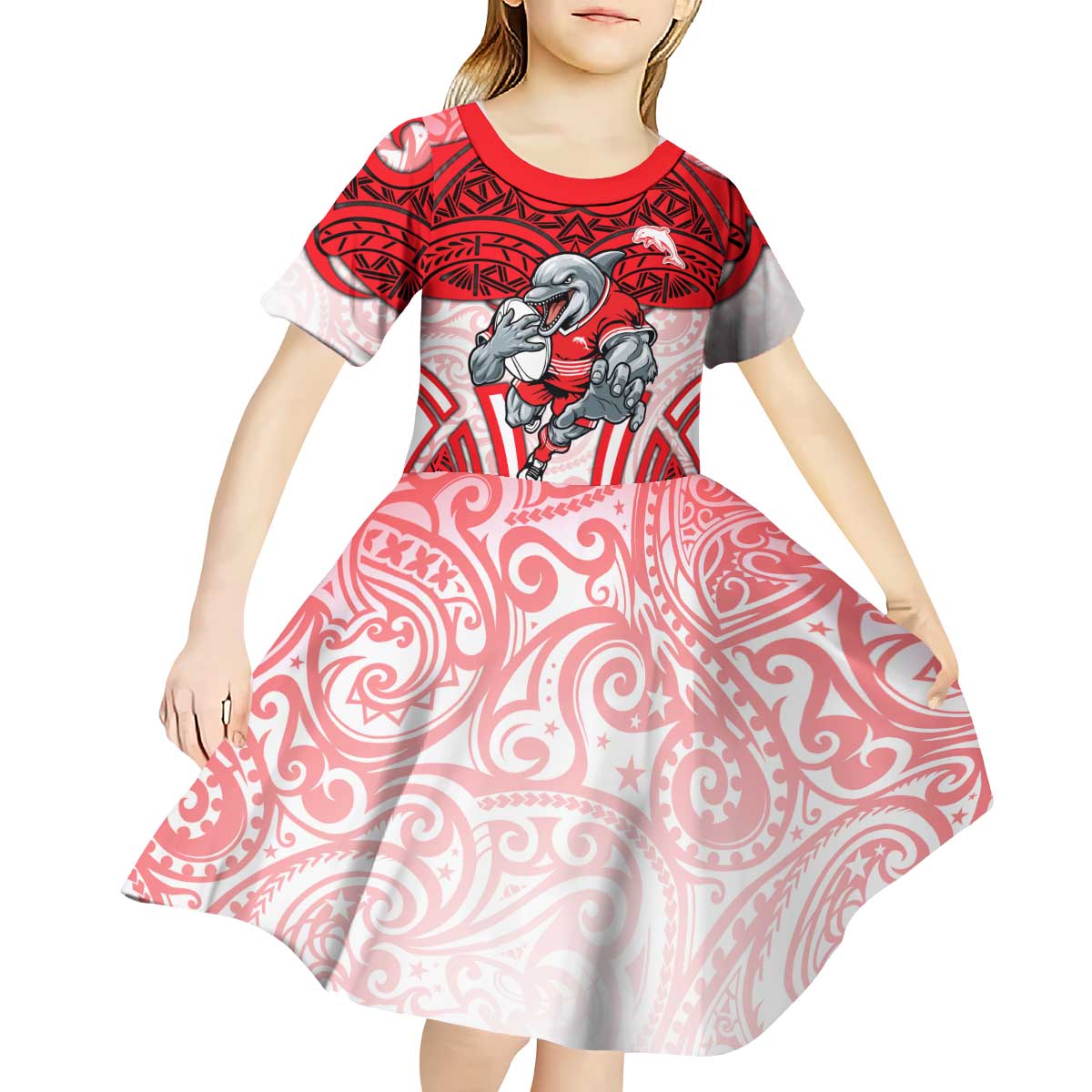 Dolphins Rugby Kid Short Sleeve Dress Polynesian Tribal Dolphin Warrior Red White Pattern