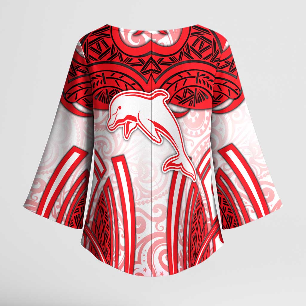 Dolphins Rugby Kimono Sleeve Blouse Polynesian Tribal Dolphin Warrior Red White Pattern
