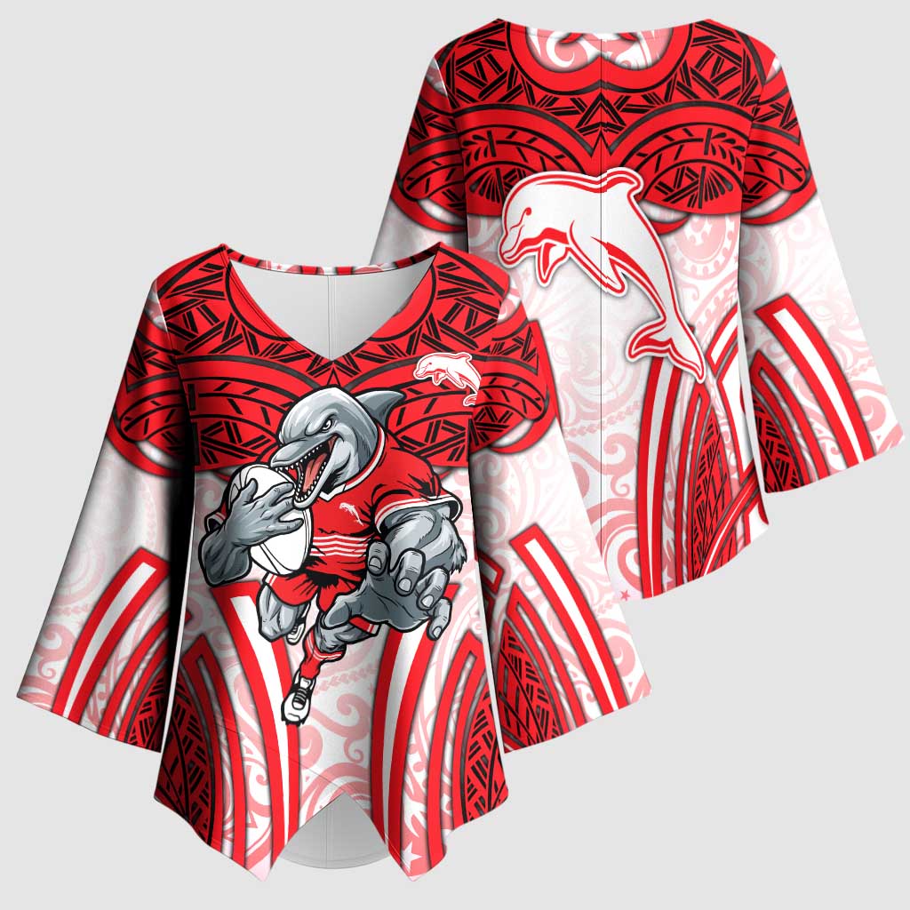 Dolphins Rugby Kimono Sleeve Blouse Polynesian Tribal Dolphin Warrior Red White Pattern