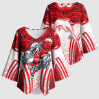 Dolphins Rugby Kimono Sleeve Blouse Polynesian Tribal Dolphin Warrior Red White Pattern