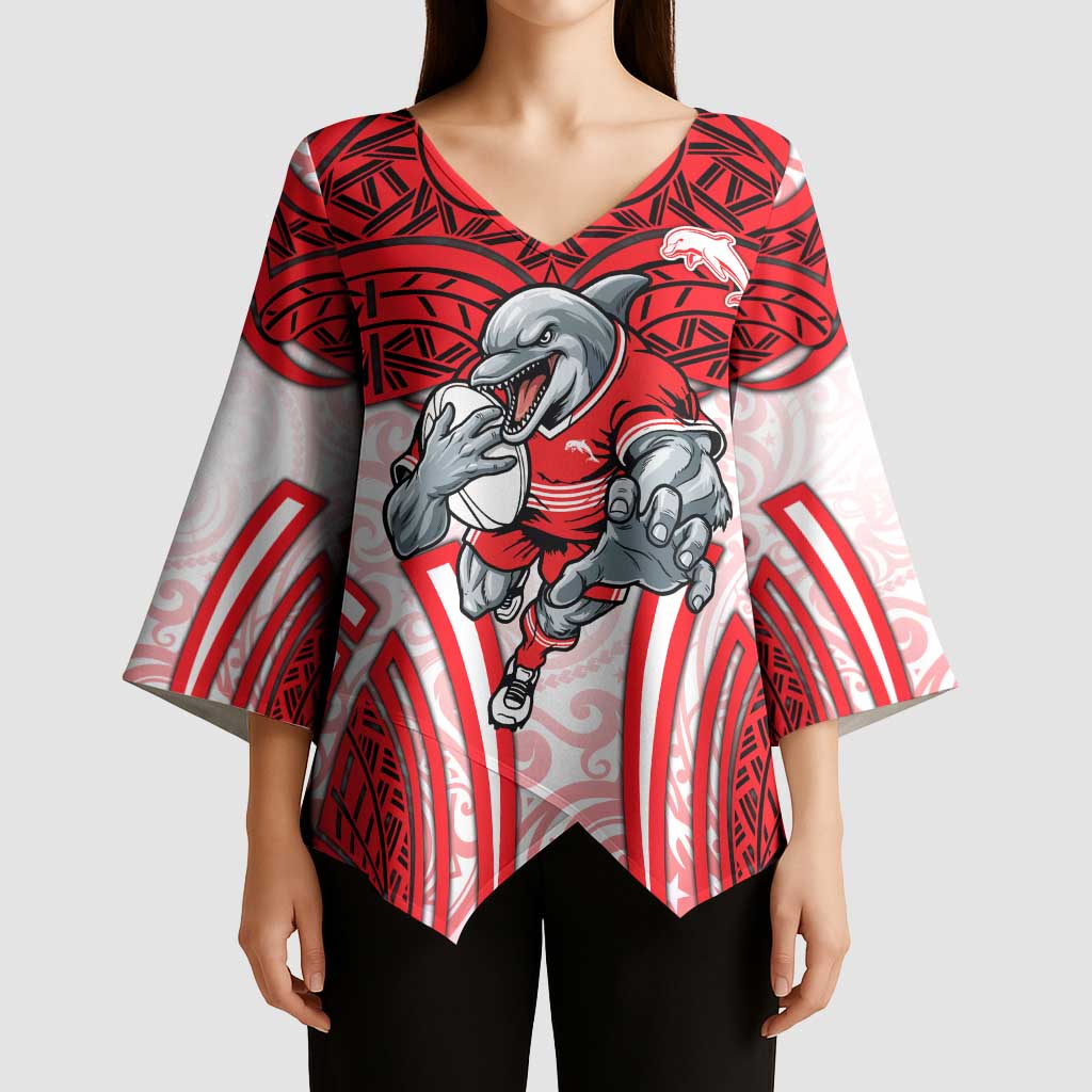 Dolphins Rugby Kimono Sleeve Blouse Polynesian Tribal Dolphin Warrior Red White Pattern
