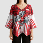 Dolphins Rugby Kimono Sleeve Blouse Polynesian Tribal Dolphin Warrior Red White Pattern