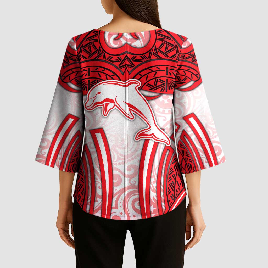 Dolphins Rugby Kimono Sleeve Blouse Polynesian Tribal Dolphin Warrior Red White Pattern