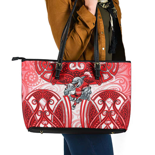 Dolphins Rugby Leather Tote Bag Polynesian Tribal Dolphin Warrior Red White Pattern