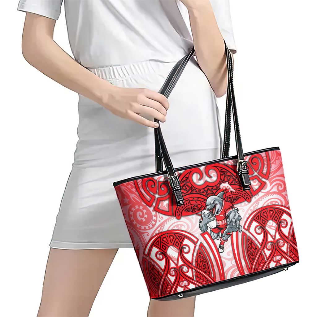 Dolphins Rugby Leather Tote Bag Polynesian Tribal Dolphin Warrior Red White Pattern