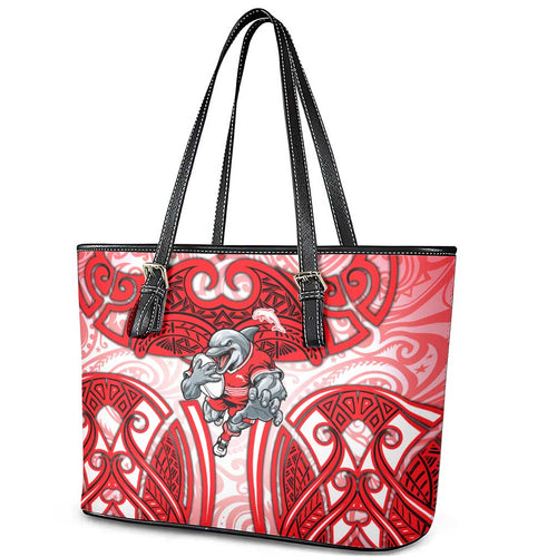 Dolphins Rugby Leather Tote Bag Polynesian Tribal Dolphin Warrior Red White Pattern