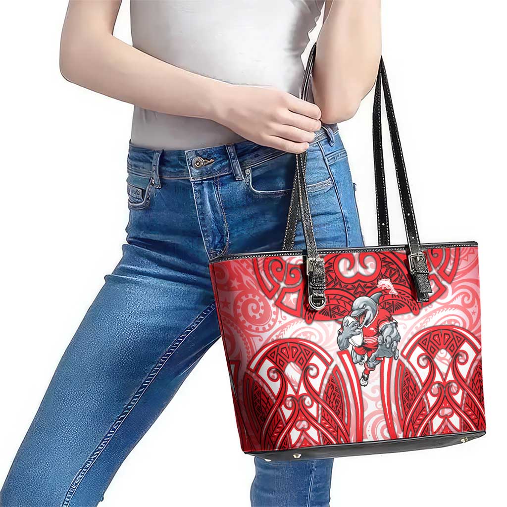 Dolphins Rugby Leather Tote Bag Polynesian Tribal Dolphin Warrior Red White Pattern