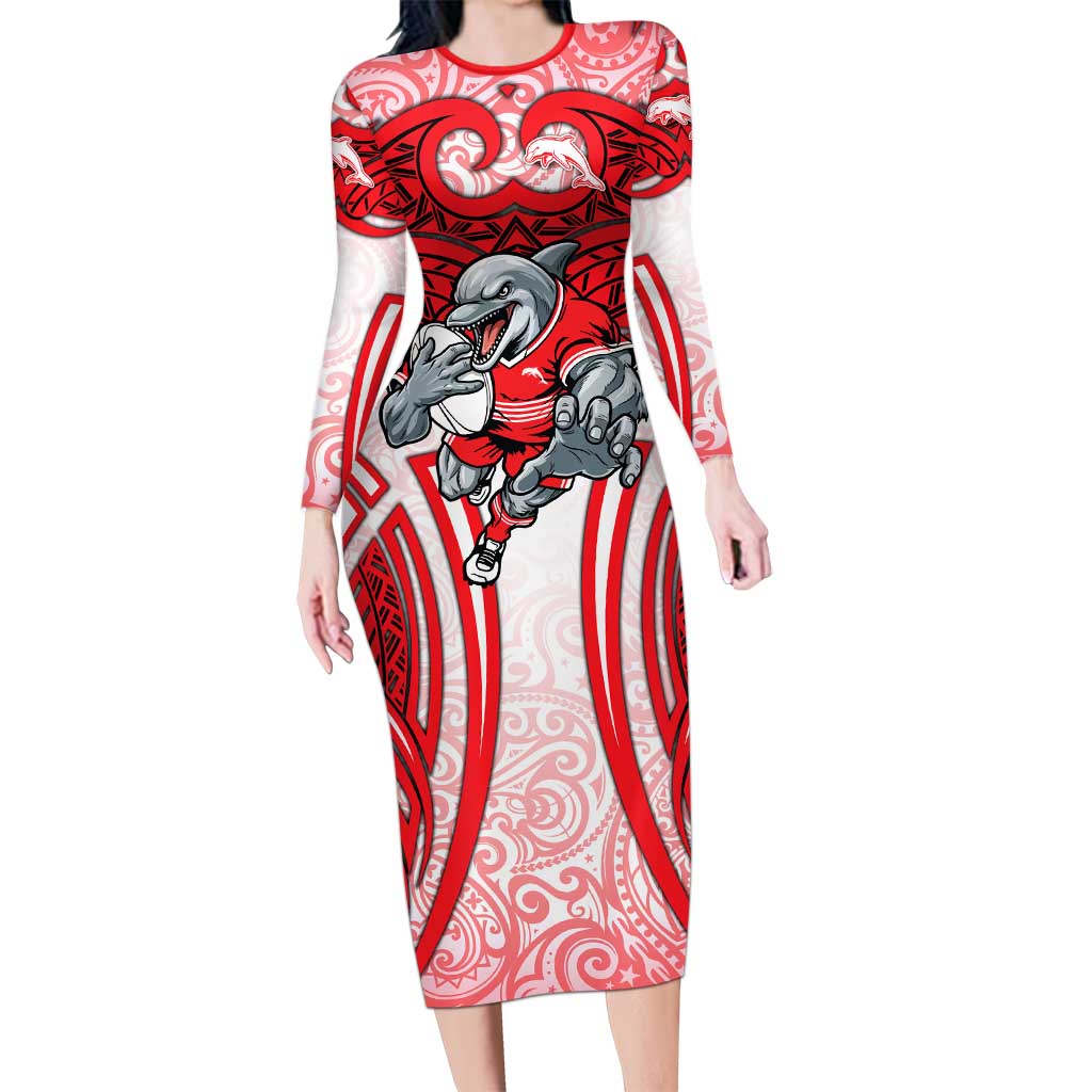 Dolphins Rugby Long Sleeve Bodycon Dress Polynesian Tribal Dolphin Warrior Red White Pattern