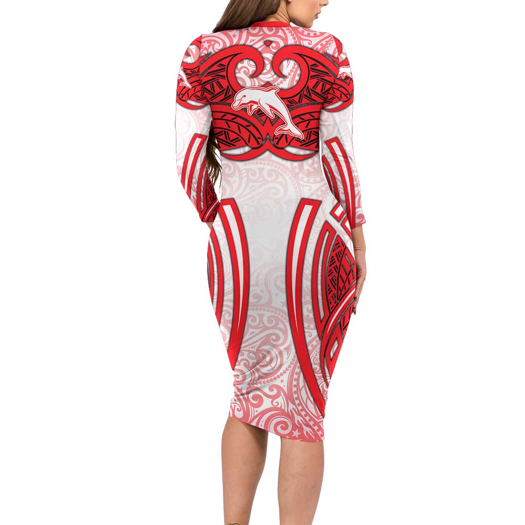 Dolphins Rugby Long Sleeve Bodycon Dress Polynesian Tribal Dolphin Warrior Red White Pattern