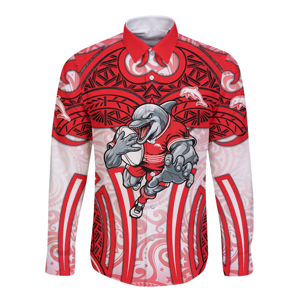 Dolphins Rugby Long Sleeve Button Shirt Polynesian Tribal Dolphin Warrior Red White Pattern