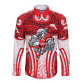Dolphins Rugby Long Sleeve Button Shirt Polynesian Tribal Dolphin Warrior Red White Pattern