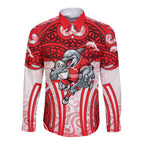 Dolphins Rugby Long Sleeve Button Shirt Polynesian Tribal Dolphin Warrior Red White Pattern