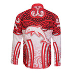 Dolphins Rugby Long Sleeve Button Shirt Polynesian Tribal Dolphin Warrior Red White Pattern
