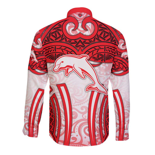 Dolphins Rugby Long Sleeve Button Shirt Polynesian Tribal Dolphin Warrior Red White Pattern
