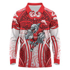 Dolphins Rugby Long Sleeve Polo Shirt Polynesian Tribal Dolphin Warrior Red White Pattern
