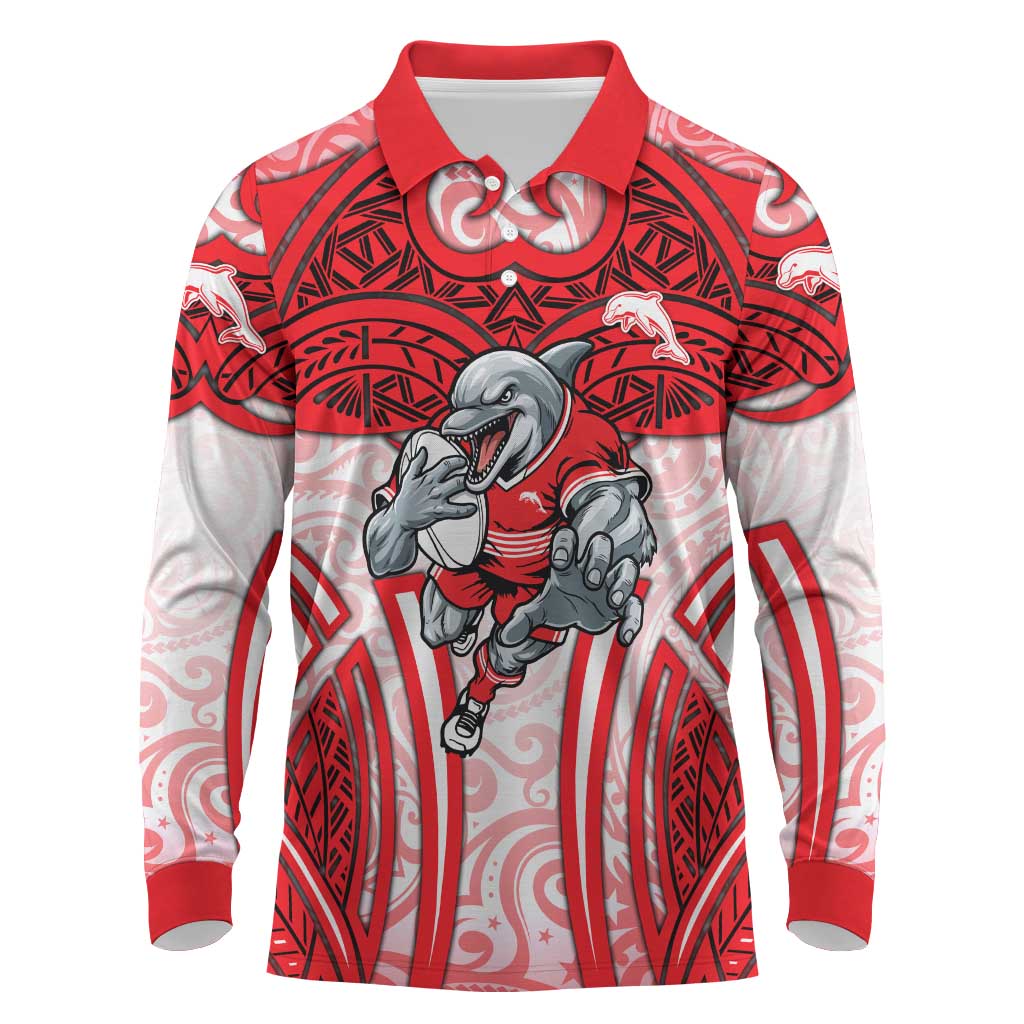 Dolphins Rugby Long Sleeve Polo Shirt Polynesian Tribal Dolphin Warrior Red White Pattern