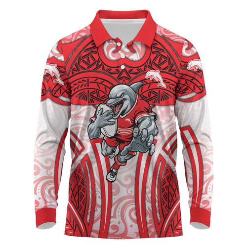 Dolphins Rugby Long Sleeve Polo Shirt Polynesian Tribal Dolphin Warrior Red White Pattern