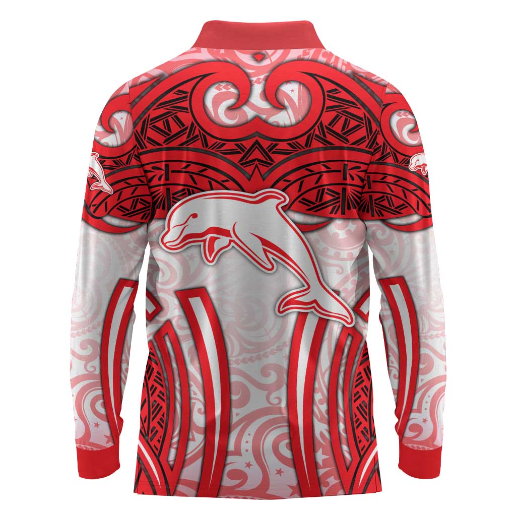 Dolphins Rugby Long Sleeve Polo Shirt Polynesian Tribal Dolphin Warrior Red White Pattern