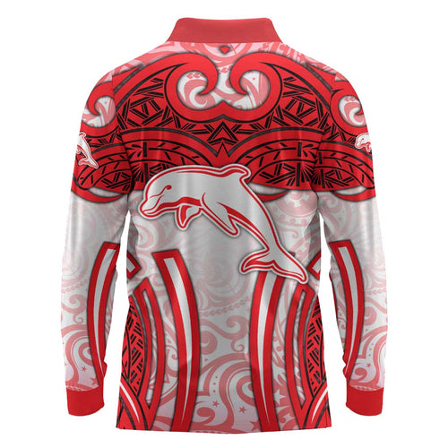 Dolphins Rugby Long Sleeve Polo Shirt Polynesian Tribal Dolphin Warrior Red White Pattern