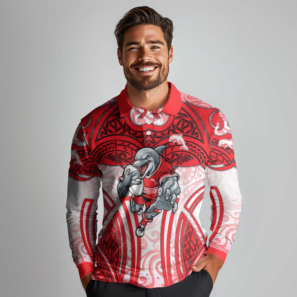 Dolphins Rugby Long Sleeve Polo Shirt Polynesian Tribal Dolphin Warrior Red White Pattern