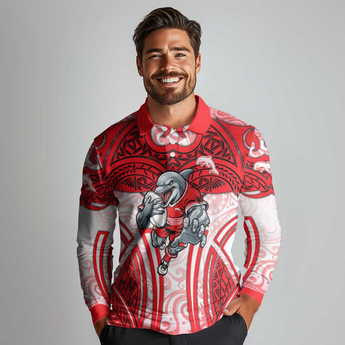 Dolphins Rugby Long Sleeve Polo Shirt Polynesian Tribal Dolphin Warrior Red White Pattern