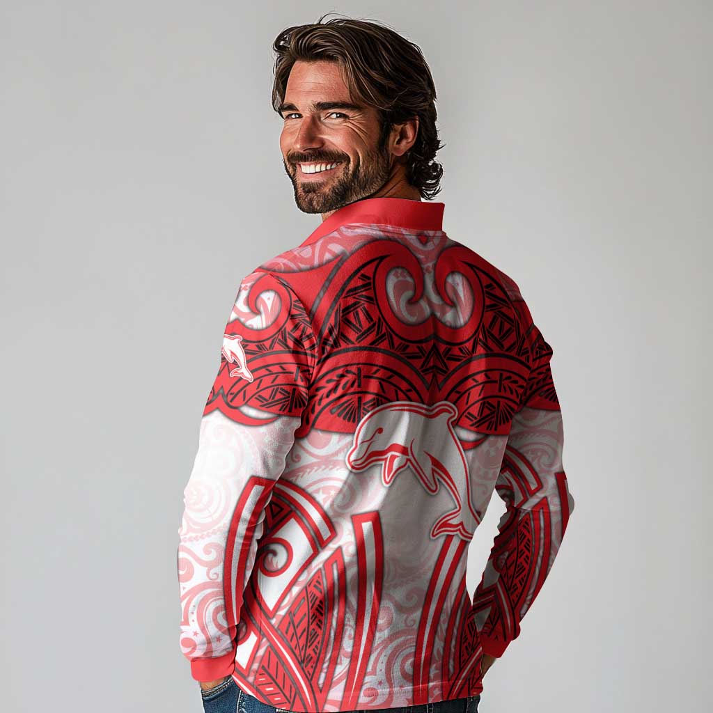 Dolphins Rugby Long Sleeve Polo Shirt Polynesian Tribal Dolphin Warrior Red White Pattern