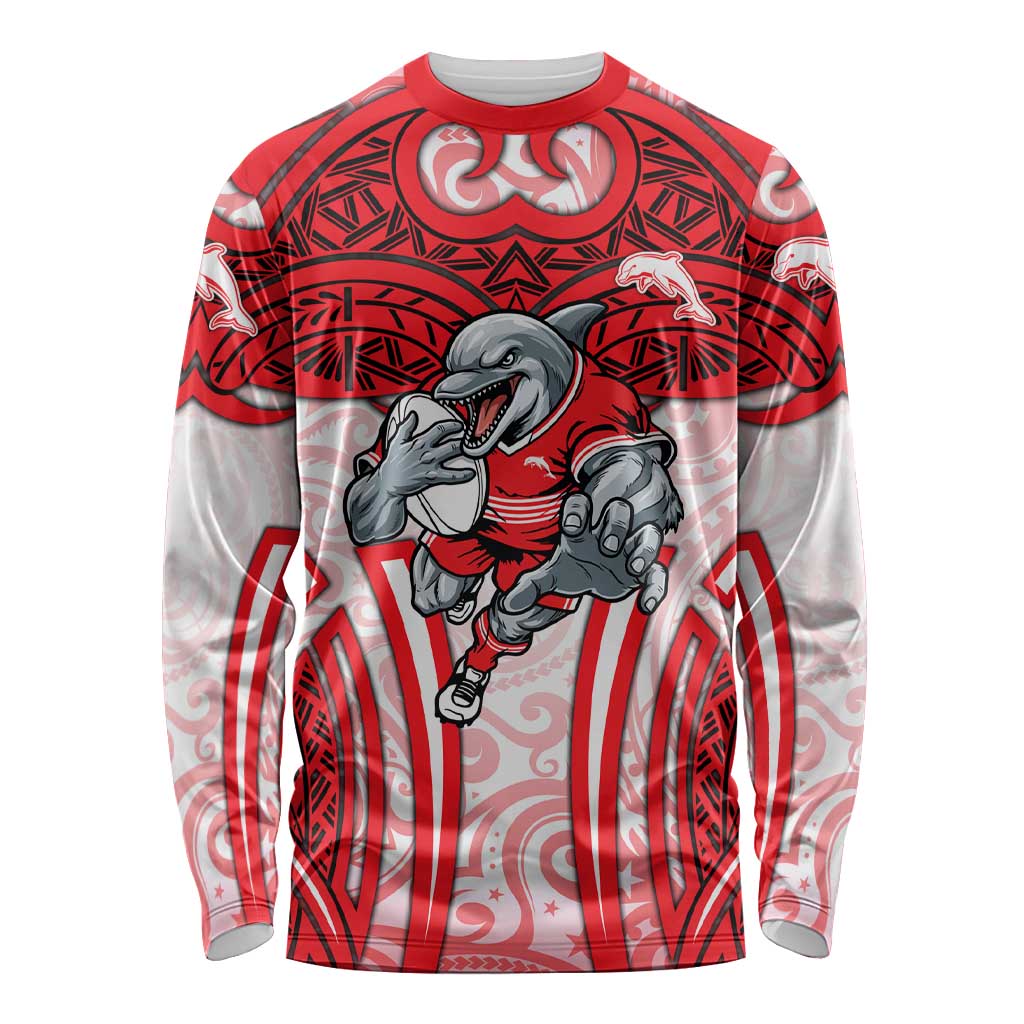 Dolphins Rugby Long Sleeve Shirt Polynesian Tribal Dolphin Warrior Red White Pattern