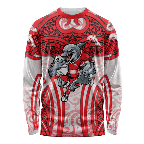 Dolphins Rugby Long Sleeve Shirt Polynesian Tribal Dolphin Warrior Red White Pattern