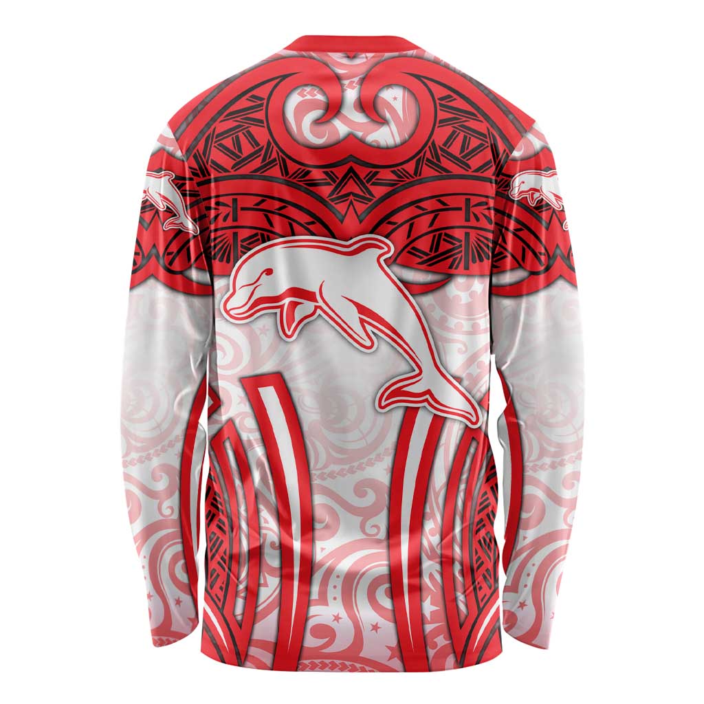 Dolphins Rugby Long Sleeve Shirt Polynesian Tribal Dolphin Warrior Red White Pattern