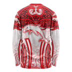 Dolphins Rugby Long Sleeve Shirt Polynesian Tribal Dolphin Warrior Red White Pattern