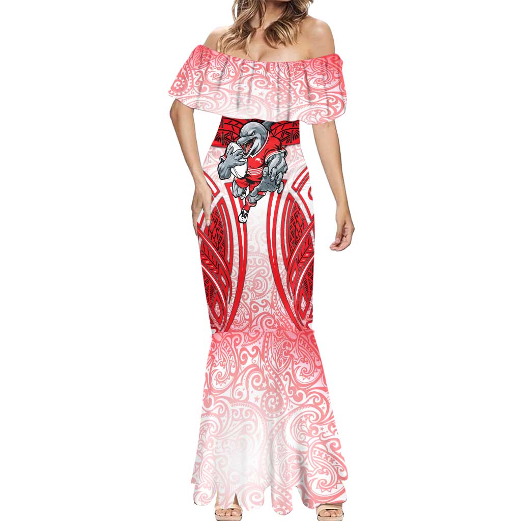 Dolphins Rugby Mermaid Dress Polynesian Tribal Dolphin Warrior Red White Pattern