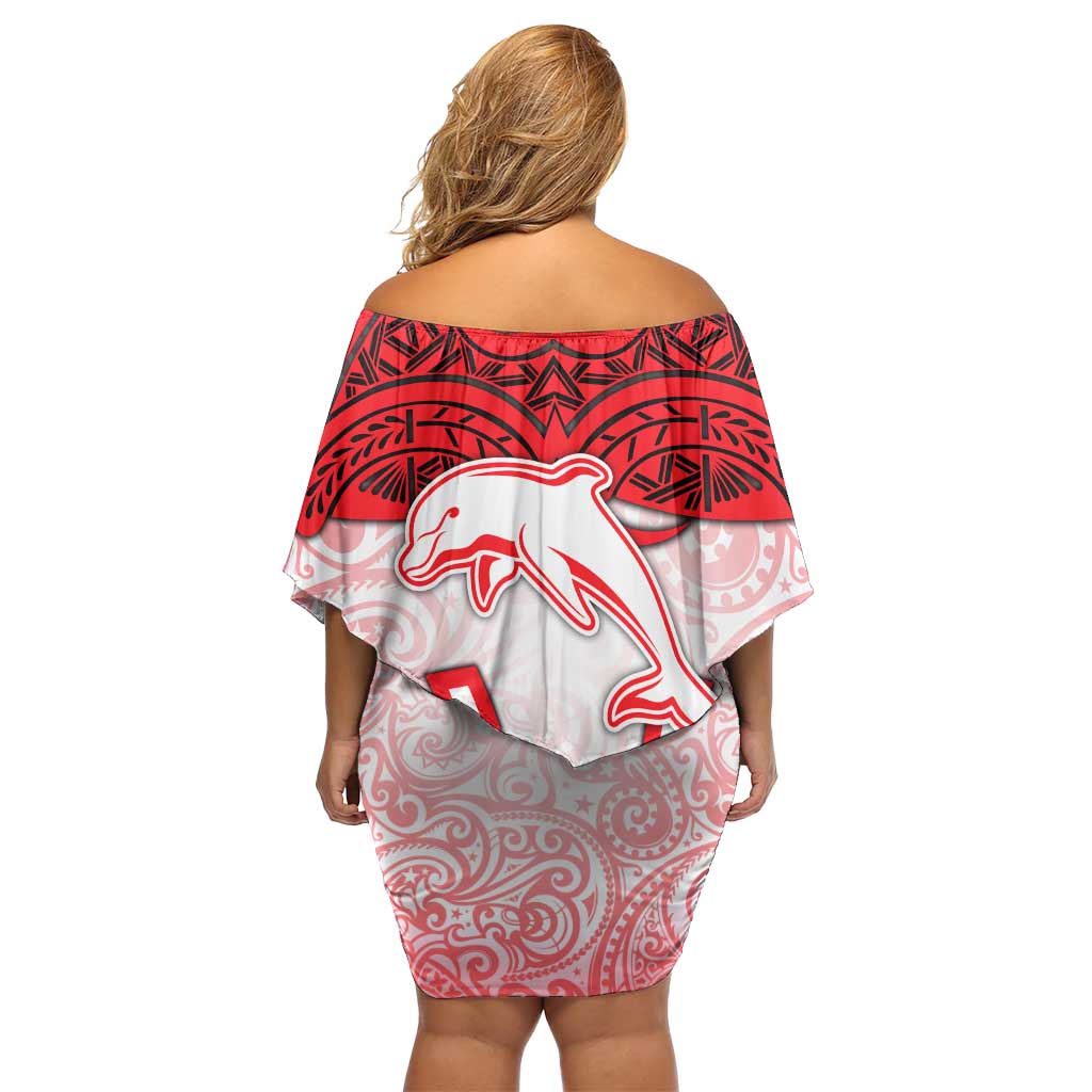 Dolphins Rugby Off Shoulder Short Dress Polynesian Tribal Dolphin Warrior Red White Pattern