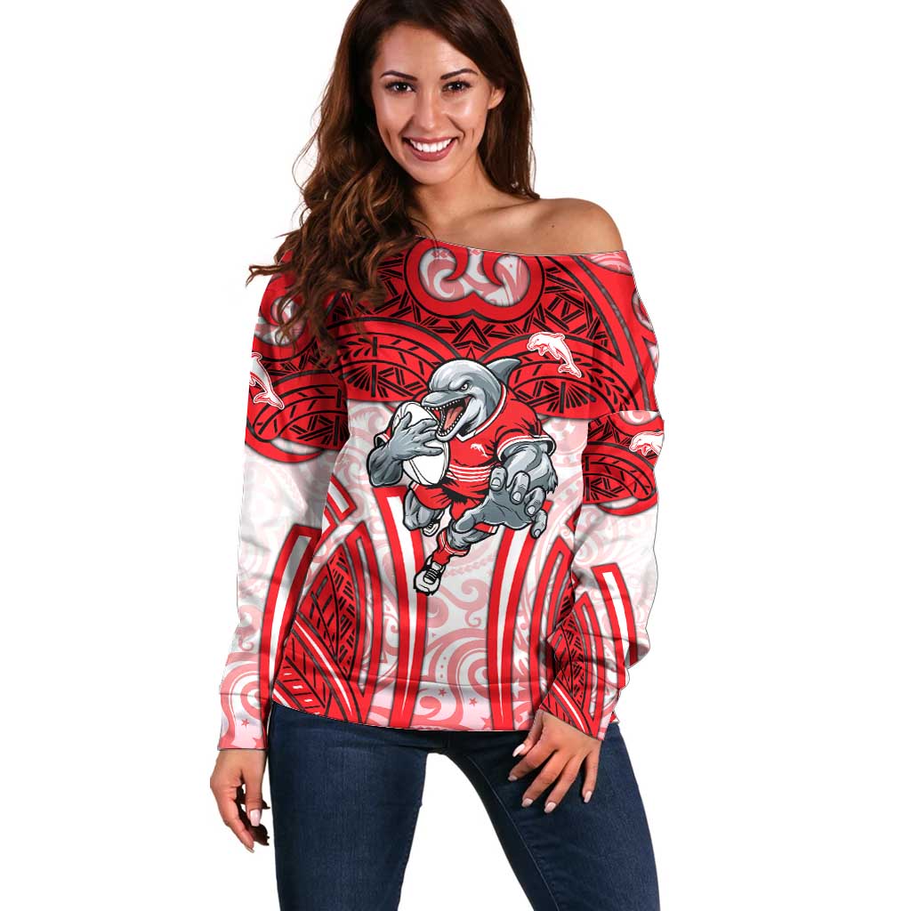 Dolphins Rugby Off Shoulder Sweater Polynesian Tribal Dolphin Warrior Red White Pattern