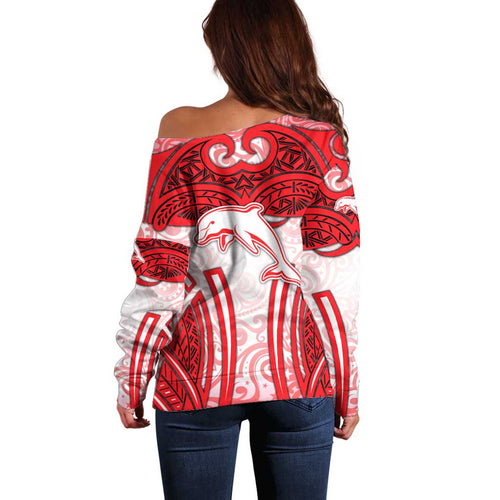 Dolphins Rugby Off Shoulder Sweater Polynesian Tribal Dolphin Warrior Red White Pattern