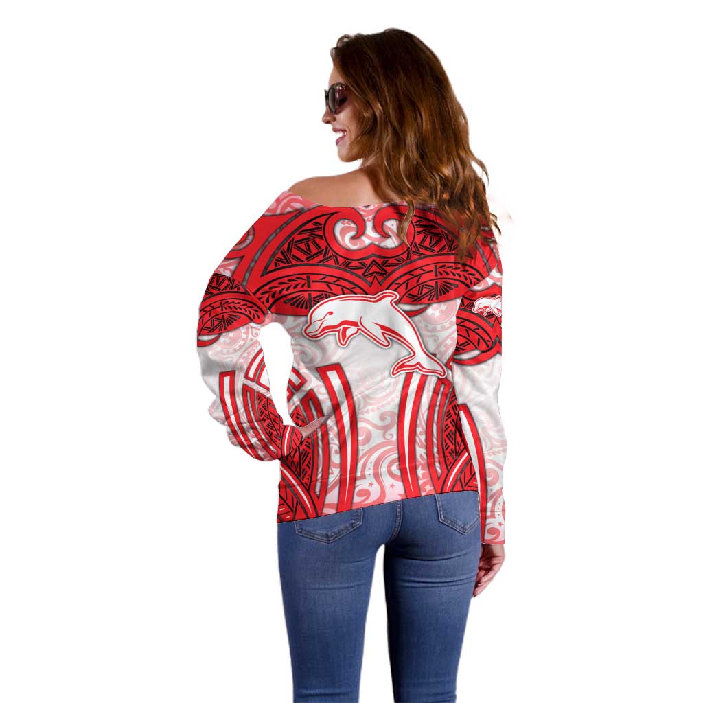 Dolphins Rugby Off Shoulder Sweater Polynesian Tribal Dolphin Warrior Red White Pattern