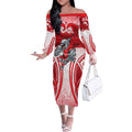 Dolphins Rugby Off The Shoulder Long Sleeve Dress Polynesian Tribal Dolphin Warrior Red White Pattern