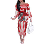 Dolphins Rugby Off The Shoulder Long Sleeve Dress Polynesian Tribal Dolphin Warrior Red White Pattern