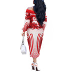 Dolphins Rugby Off The Shoulder Long Sleeve Dress Polynesian Tribal Dolphin Warrior Red White Pattern