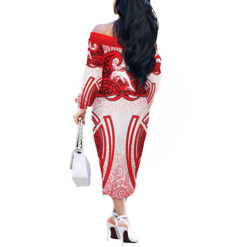 Dolphins Rugby Off The Shoulder Long Sleeve Dress Polynesian Tribal Dolphin Warrior Red White Pattern