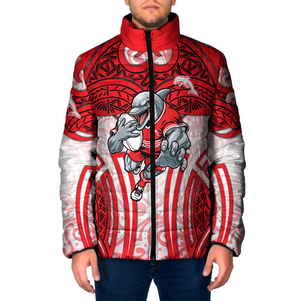 Dolphins Rugby Padded Jacket Polynesian Tribal Dolphin Warrior Red White Pattern