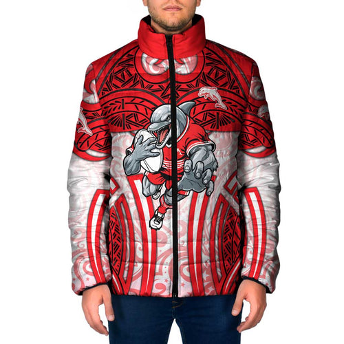 Dolphins Rugby Padded Jacket Polynesian Tribal Dolphin Warrior Red White Pattern