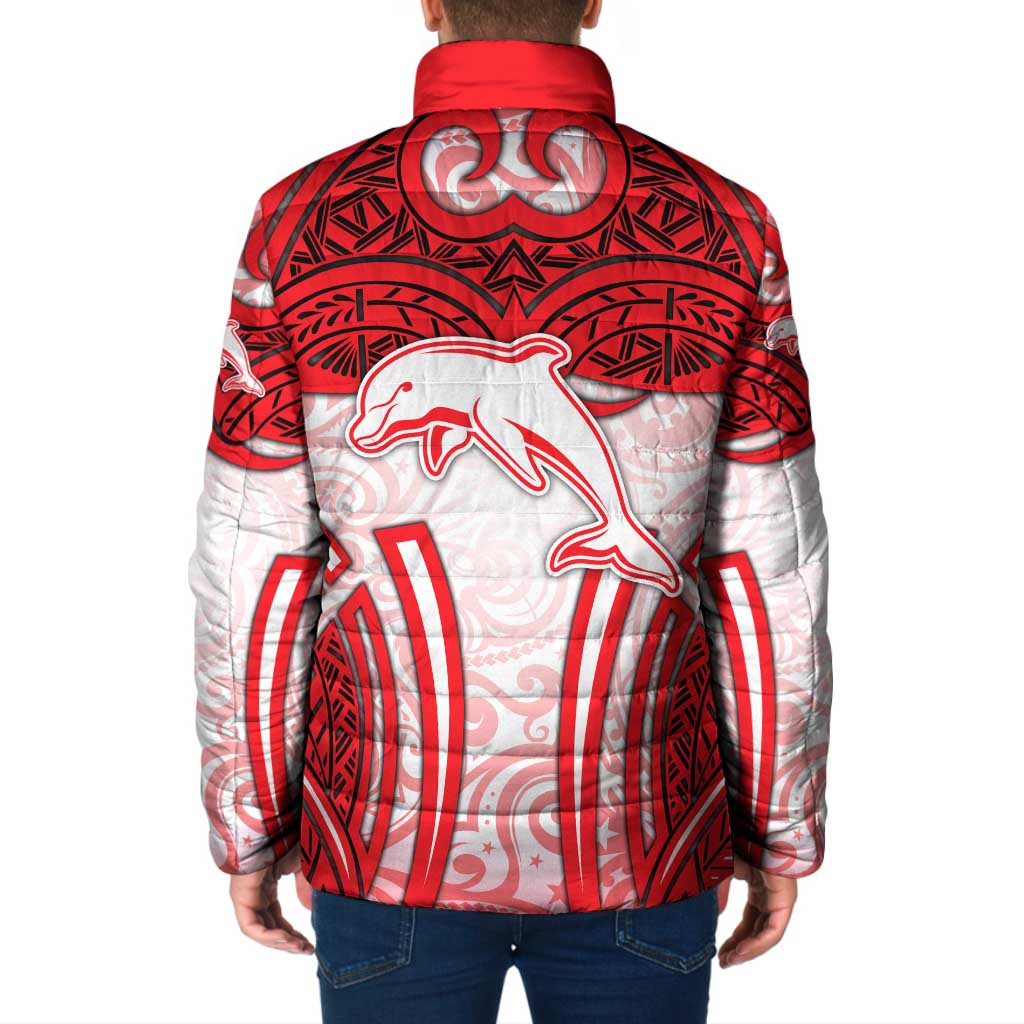 Dolphins Rugby Padded Jacket Polynesian Tribal Dolphin Warrior Red White Pattern