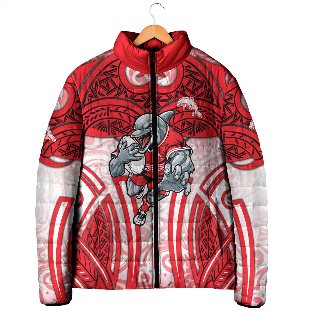 Dolphins Rugby Padded Jacket Polynesian Tribal Dolphin Warrior Red White Pattern