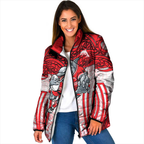 Dolphins Rugby Padded Jacket Polynesian Tribal Dolphin Warrior Red White Pattern