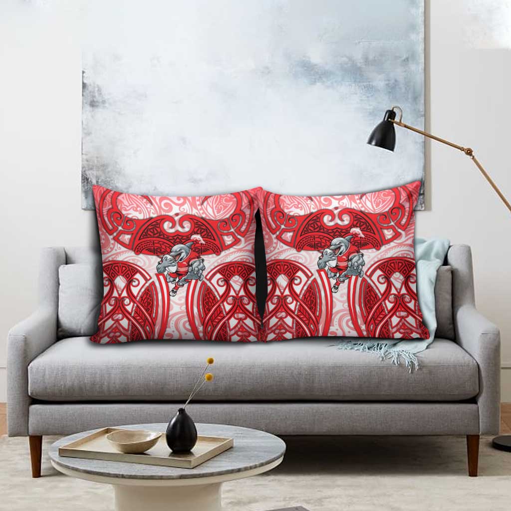 Dolphins Rugby Pillow Cover Polynesian Tribal Dolphin Warrior Red White Pattern