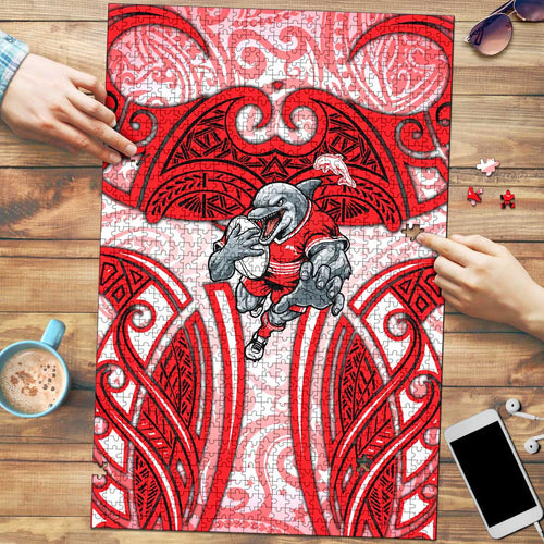 Dolphins Rugby Puzzle Polynesian Tribal Dolphin Warrior Red White Pattern